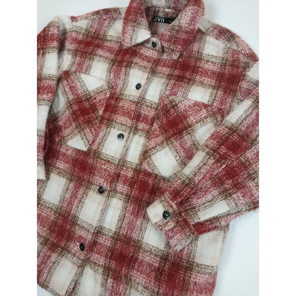 ZARA Shacket Womens Medium Red/Pink/Brown Checkered Overshirt - Picture 5 of 13